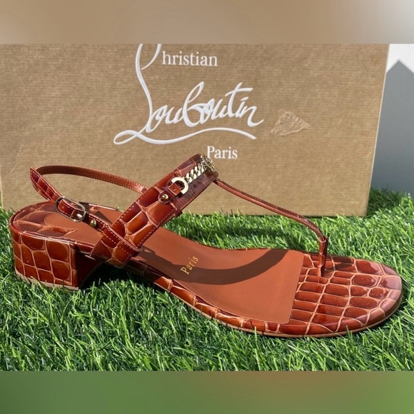 CHRISTIAN LOUBOUTIN MJ THONG CARAMEL BROWN CROC LEATHER SANDALS SZ 39 BLOCK HEEL - Picture 10 of 16